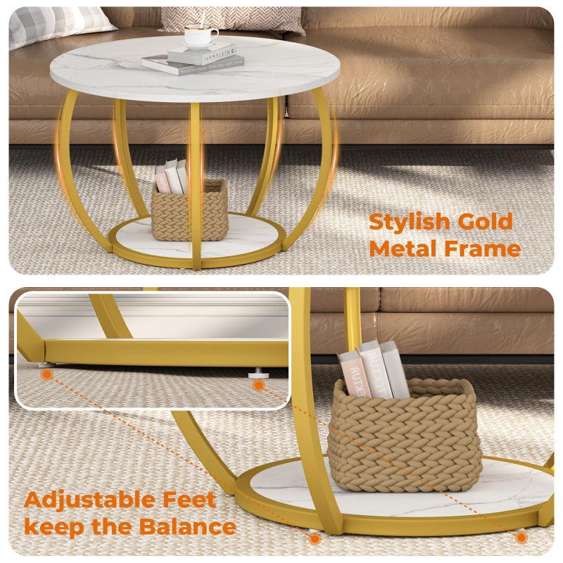 GreenForest Round Coffee Table with 2-Tier Open Storage, 27.6 inch Small Circle Coffee Tables with Adjustable Feet, Modern Mini Center Table for Small Living Room, White and Gold - Image 4
