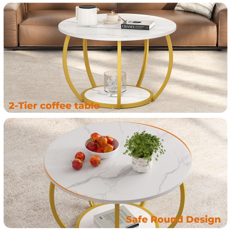 GreenForest Round Coffee Table with 2-Tier Open Storage, 27.6 inch Small Circle Coffee Tables with Adjustable Feet, Modern Mini Center Table for Small Living Room, White and Gold - Image 5