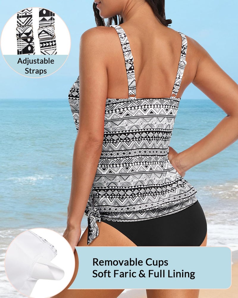 Yonique Womens Blouson Tankini Top Only Loose Fit Swim Top No Bottom Modest Swimsuit Black Tribal Large - Image 4