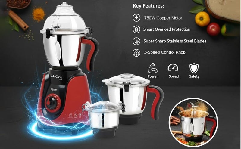 McCoy Elegant 750W Mixer Grinder | Clip Lid Lock | Super Strong Blades | Powerful Motor | 3 Stainless Steel Jars | Red & Black | 2 Year Warranty on Product | 5 Year on Motor Warranty - Image 5