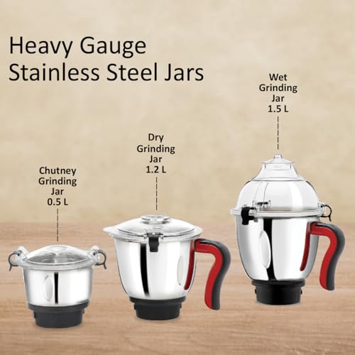 McCoy Elegant 750W Mixer Grinder | Clip Lid Lock | Super Strong Blades | Powerful Motor | 3 Stainless Steel Jars | Red & Black | 2 Year Warranty on Product | 5 Year on Motor Warranty - Image 3