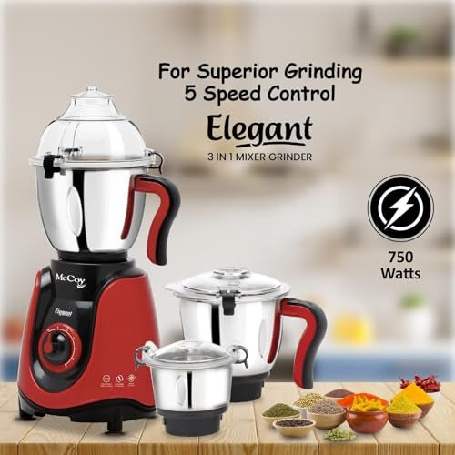 McCoy Elegant 750W Mixer Grinder | Clip Lid Lock | Super Strong Blades | Powerful Motor | 3 Stainless Steel Jars | Red & Black | 2 Year Warranty on Product | 5 Year on Motor Warranty - Image 4
