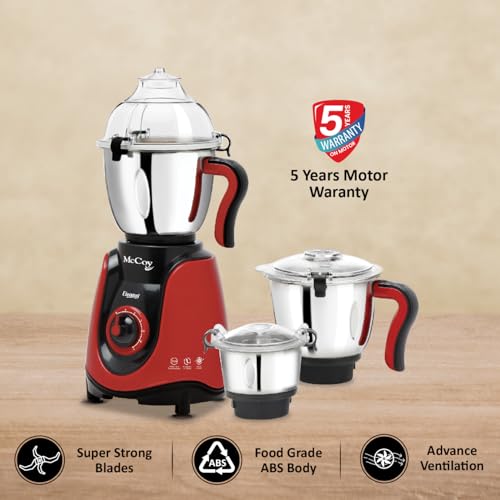 McCoy Elegant 750W Mixer Grinder | Clip Lid Lock | Super Strong Blades | Powerful Motor | 3 Stainless Steel Jars | Red & Black | 2 Year Warranty on Product | 5 Year on Motor Warranty - Image 2