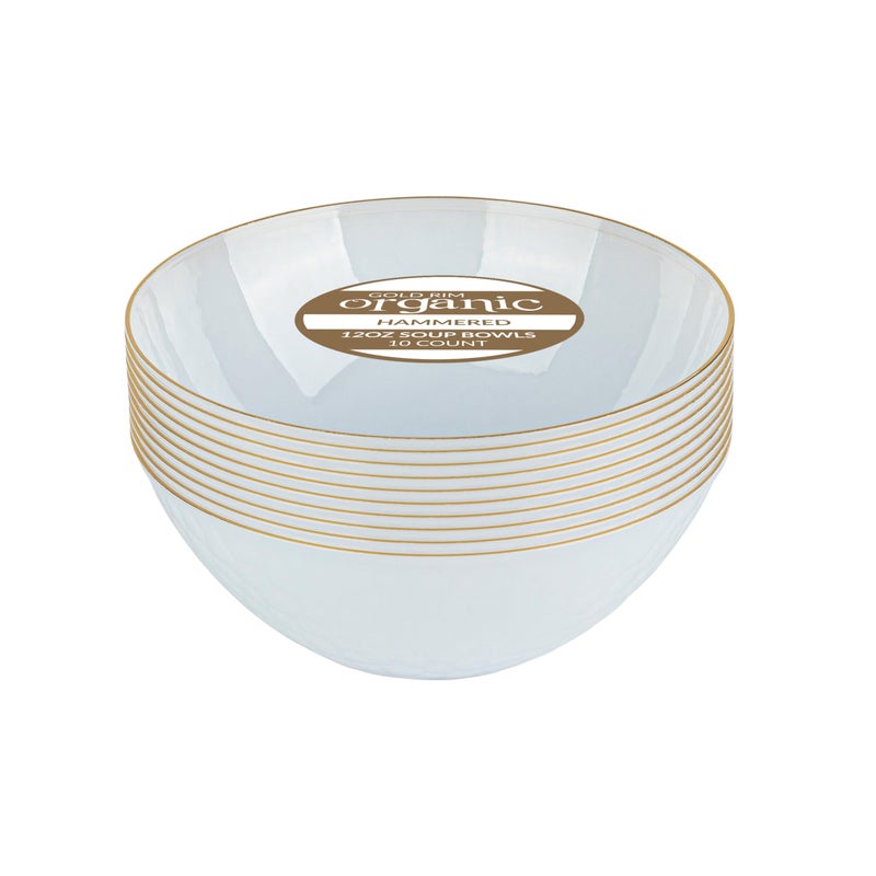 PLASTICPRO 30 Pack 12 Ounce Hammered Plastic Bowls Translucent White with Gold Rim Heavyweight Disposable Plastic Soup Bowls Elegant Translucent Hammered Gold Rim Platsic Party Dishes - Image 1