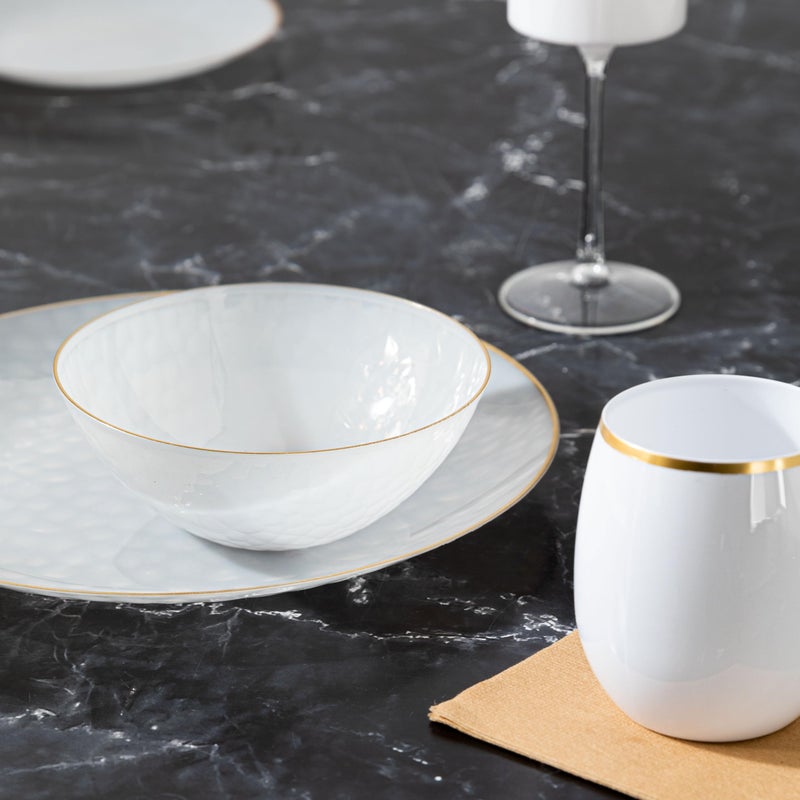 PLASTICPRO 30 Pack 12 Ounce Hammered Plastic Bowls Translucent White with Gold Rim Heavyweight Disposable Plastic Soup Bowls Elegant Translucent Hammered Gold Rim Platsic Party Dishes - Image 2