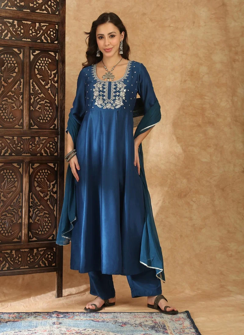 globus Globus Women Teal Square Neck Zari Embroidered Panelled Anarkali Kurta with Trousers and Dupatta Festive Set