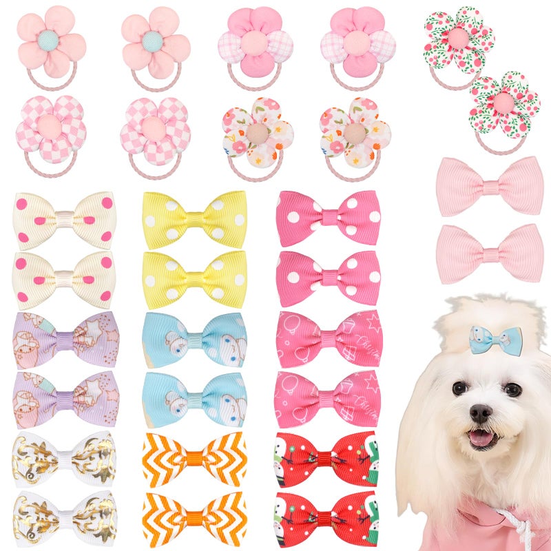 Yxiang Puppy Hair Bows Accessories Set for Small Dogs Yorkie Handmade 20PCS Dog Hair Bows 10PCS Flower Rubber Ties Pet Grooming Accessories for Doggies Poodle Teddy Shih Tzu
