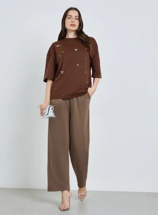 Styli Women Brown Embellished Oversized T-Shirt