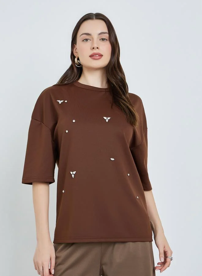 Styli Women Brown Embellished Oversized T-Shirt