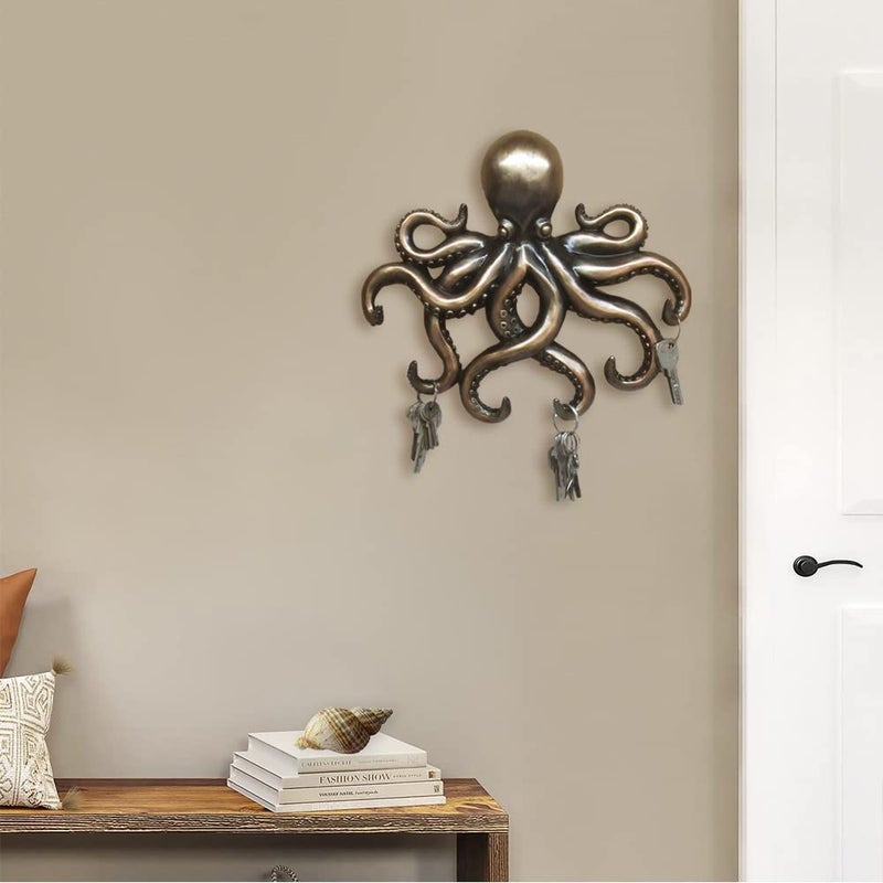 DWK Octopus Wall Sculpture Decorative Key Holder | Ocean Theme House Key Hanger Home Entrance Decor | Nautical Octopus Decor Sea Wall Art | Octopus Decoration - 11" - Image 5