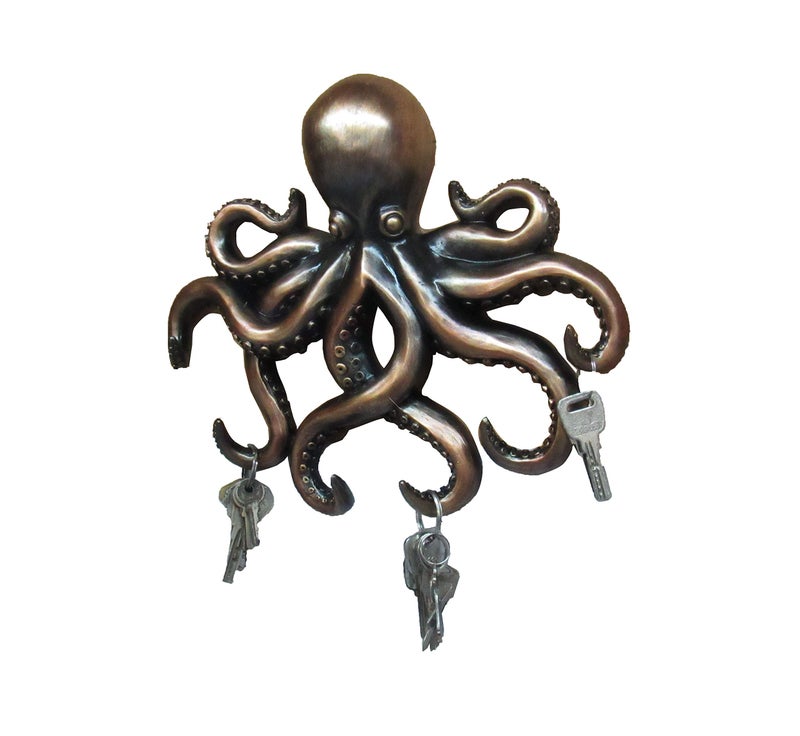 DWK Octopus Wall Sculpture Decorative Key Holder | Ocean Theme House Key Hanger Home Entrance Decor | Nautical Octopus Decor Sea Wall Art | Octopus Decoration - 11" - Image 2