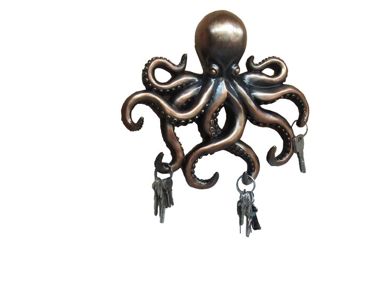 DWK Octopus Wall Sculpture Decorative Key Holder | Ocean Theme House Key Hanger Home Entrance Decor | Nautical Octopus Decor Sea Wall Art | Octopus Decoration - 11" - Image 1