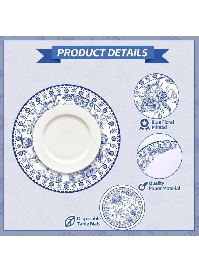 لاكام Blue Floral Placemats, Round Chinoiserie Table Mats, Disposable Decorative Dinner Mats for Banquet, Party & Holiday Table Settings, Water-Resistant Paper, Botanical Design (4-Pack) - Image 3