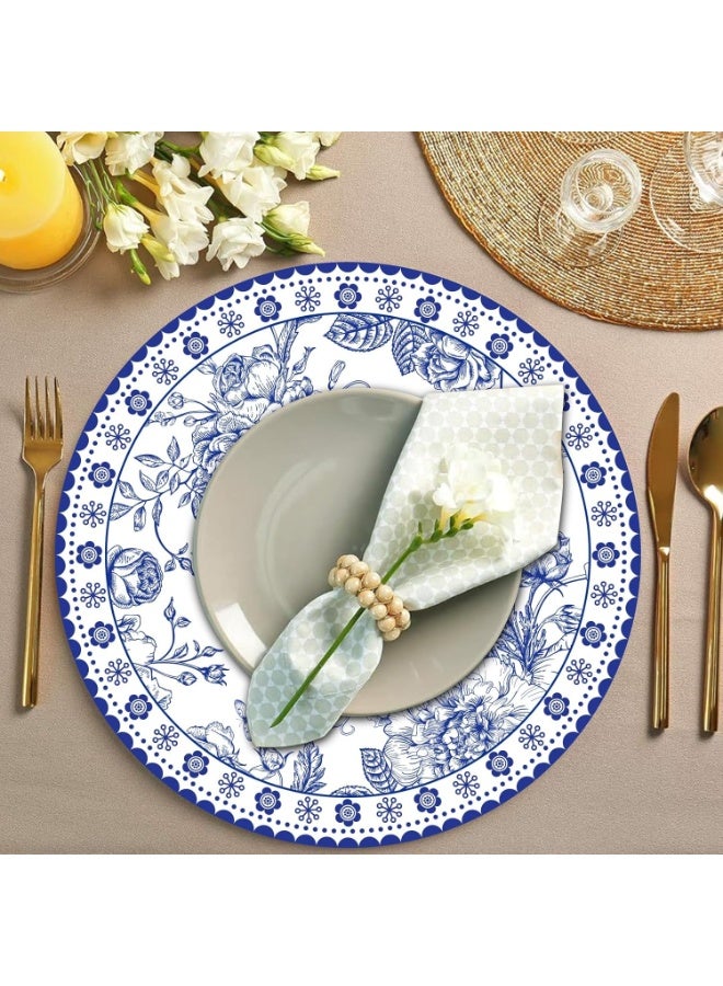 لاكام Blue Floral Placemats, Round Chinoiserie Table Mats, Disposable Decorative Dinner Mats for Banquet, Party & Holiday Table Settings, Water-Resistant Paper, Botanical Design (4-Pack) - Image 4