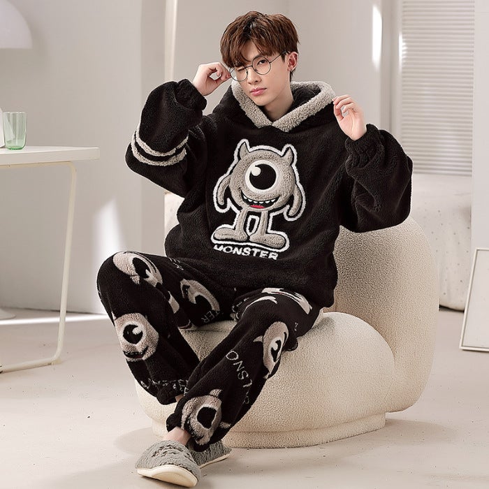 Coral Fleece Pajamas Men's Winter Hooded Fleece Plus Cartoon Cute Dinosaur Plus Size Teenager Home Suit - Image 1