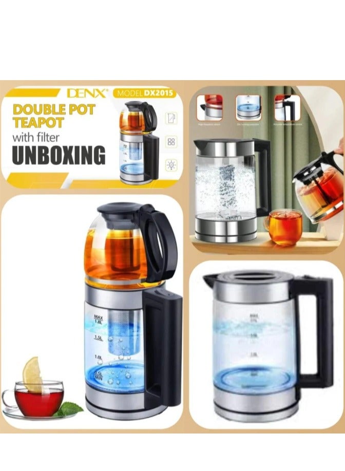 Denx 2-in-1 Glass Kettle And Turkish Tea Maker, 1.8-Liter Capacity + 1-Liter Glass Teapot, 1500 Watts DX2015 - Image 5