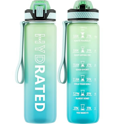 QLUR Water Bottle with Straw, 32oz Motivational Water Bottles with Time Marker to Drink, Tritan BPA Free, 1L Sports Water Bottle with Carry Strap LeakProof for Women Gym Fitness Outdoor (1 Pack) - Image 1
