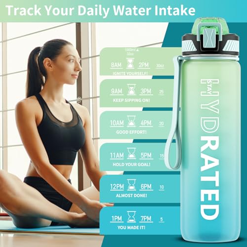 QLUR Water Bottle with Straw, 32oz Motivational Water Bottles with Time Marker to Drink, Tritan BPA Free, 1L Sports Water Bottle with Carry Strap LeakProof for Women Gym Fitness Outdoor (1 Pack) - Image 2