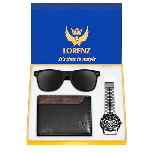 LORENZ Gift Combo Set for Men | Stylish Steel Analog Watch, PU Leather Wallet & UV Sunglasses | Gift Box for Birthday, Anniversary, Corporate Gifting - Image 2