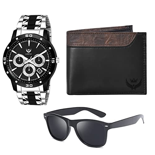 LORENZ Gift Combo Set for Men | Stylish Steel Analog Watch, PU Leather Wallet & UV Sunglasses | Gift Box for Birthday, Anniversary, Corporate Gifting - Image 1