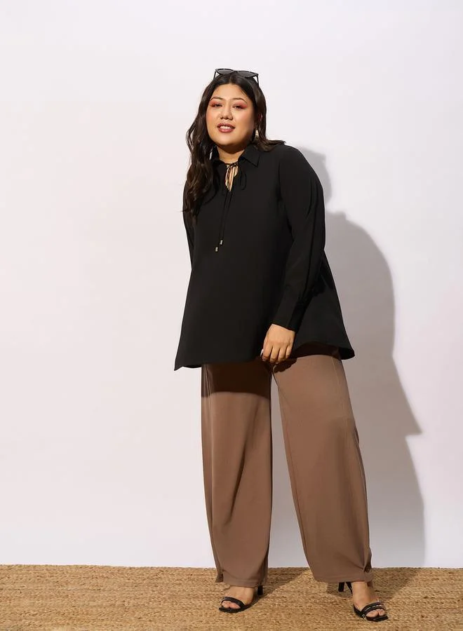 SASSAFRAS Plus Solid Tie-Up Neck Top with Long Sleeve