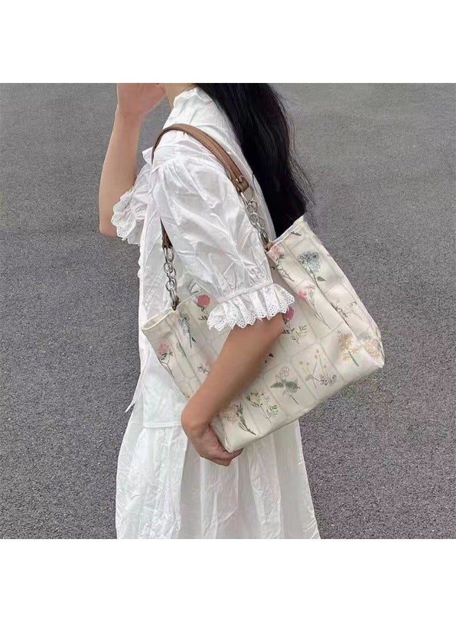 Large-capacity Bag For Women 2024 High-end Texture Canvas Printed Shoulder Bag Niche Simple Versatile Tote Bag-Color:Off-white - Image 4