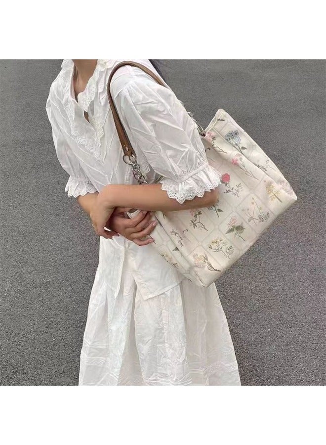 Large-capacity Bag For Women 2024 High-end Texture Canvas Printed Shoulder Bag Niche Simple Versatile Tote Bag-Color:Off-white - Image 2