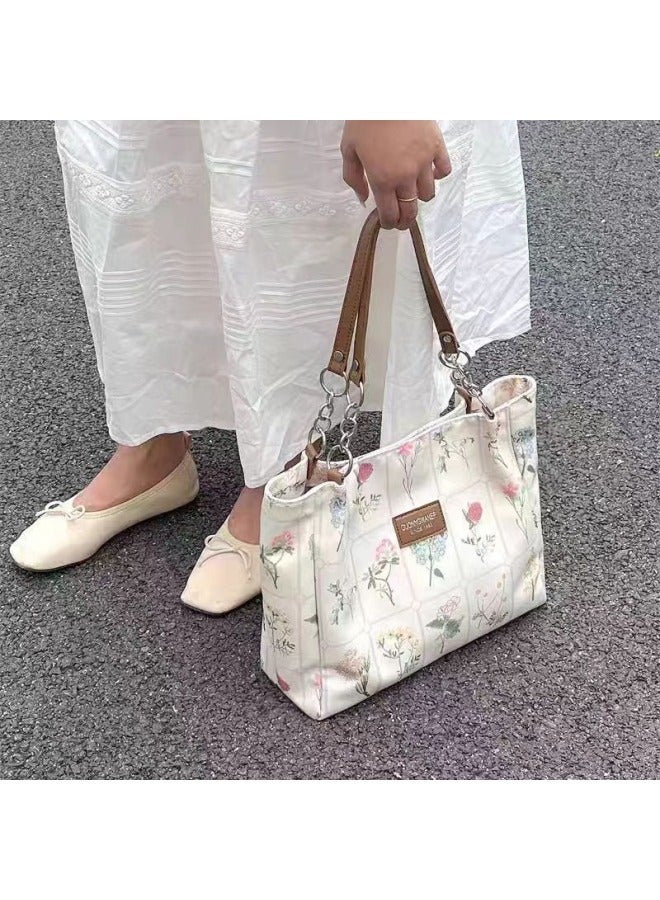 Large-capacity Bag For Women 2024 High-end Texture Canvas Printed Shoulder Bag Niche Simple Versatile Tote Bag-Color:Off-white - Image 1