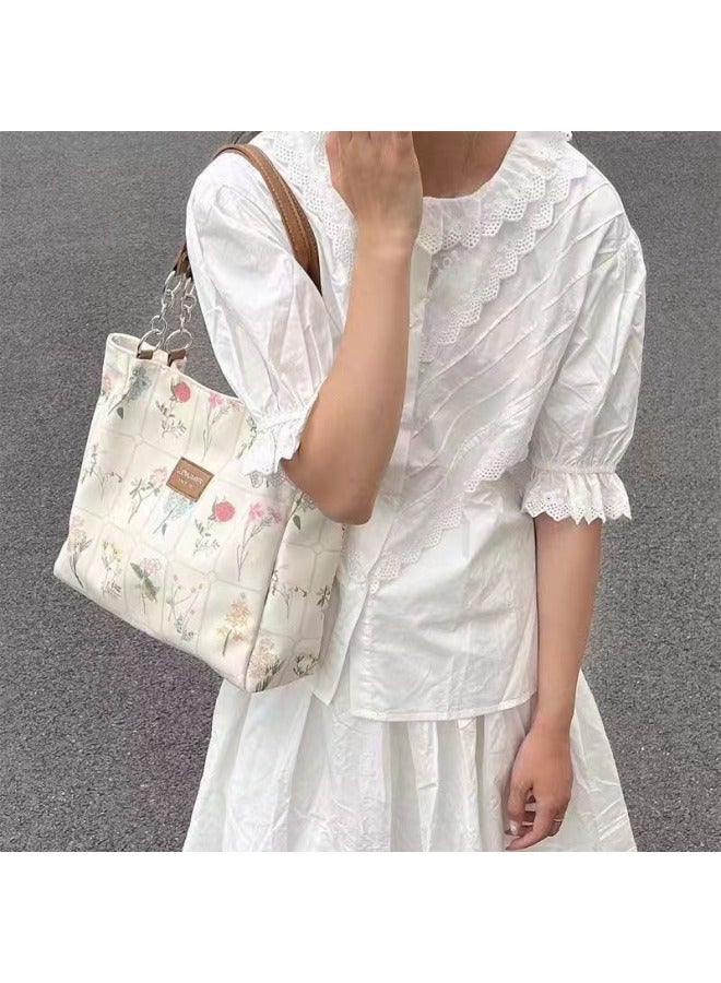 Large-capacity Bag For Women 2024 High-end Texture Canvas Printed Shoulder Bag Niche Simple Versatile Tote Bag-Color:Off-white - Image 3