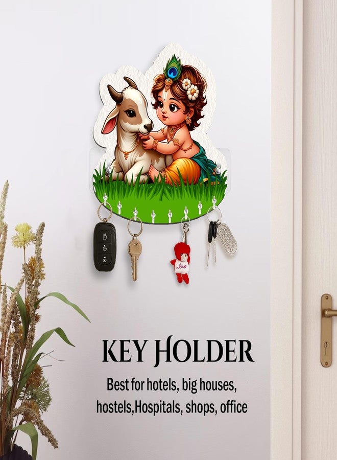 Rousrie حامل مفاتيح Rousrie Baby Krishna مع بقرة، وحدة تخزين جدارية خشبية بنية اللون، 8 خطافات، تصميم عصري أنيق للمنزل والمكتب - Image 2