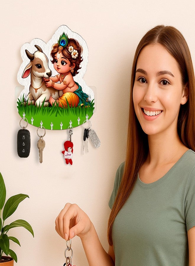 Rousrie حامل مفاتيح Rousrie Baby Krishna مع بقرة، وحدة تخزين جدارية خشبية بنية اللون، 8 خطافات، تصميم عصري أنيق للمنزل والمكتب - Image 3