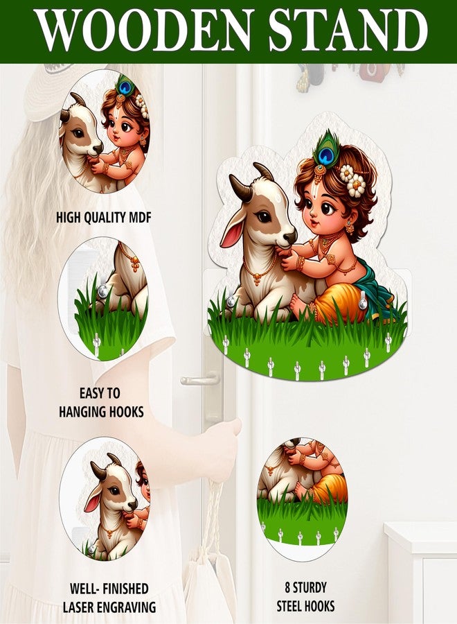 Rousrie حامل مفاتيح Rousrie Baby Krishna مع بقرة، وحدة تخزين جدارية خشبية بنية اللون، 8 خطافات، تصميم عصري أنيق للمنزل والمكتب - Image 5