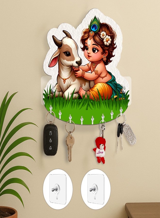 Rousrie حامل مفاتيح Rousrie Baby Krishna مع بقرة، وحدة تخزين جدارية خشبية بنية اللون، 8 خطافات، تصميم عصري أنيق للمنزل والمكتب - Image 1