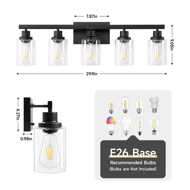DIKAIDA 5-Light Black Bathroom Vanity Light, Modern Vanity Lighting Fixture for Bathroom, 31" Matte Light Fixture, Wall Sconces with Clear Glass Shade, Black Bathroom Wall Light Over Mirror - Image 3