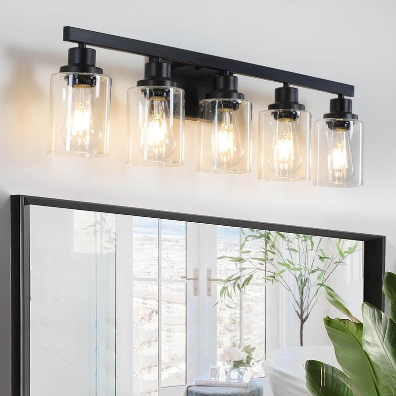 DIKAIDA 5-Light Black Bathroom Vanity Light, Modern Vanity Lighting Fixture for Bathroom, 31" Matte Light Fixture, Wall Sconces with Clear Glass Shade, Black Bathroom Wall Light Over Mirror - Image 1
