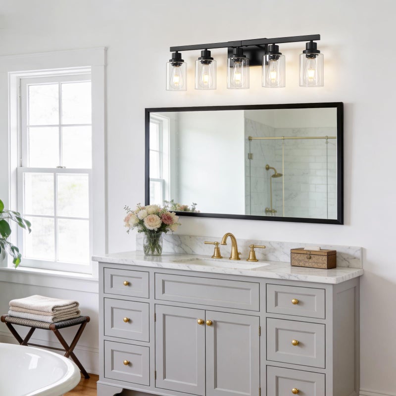 DIKAIDA 5-Light Black Bathroom Vanity Light, Modern Vanity Lighting Fixture for Bathroom, 31" Matte Light Fixture, Wall Sconces with Clear Glass Shade, Black Bathroom Wall Light Over Mirror - Image 2