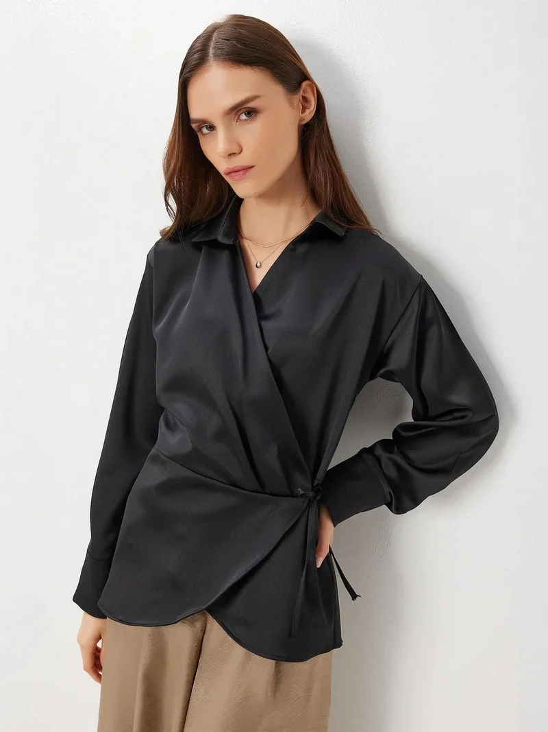 إسطنبول الساحرة ISTANBUL Double Breasted Satin Tie Blouse