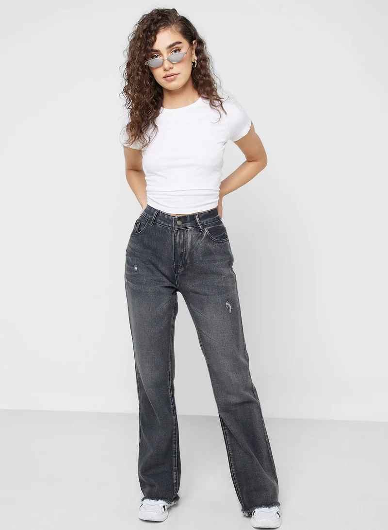 Ginger Straight Fit Washed Denim with Raw Hem