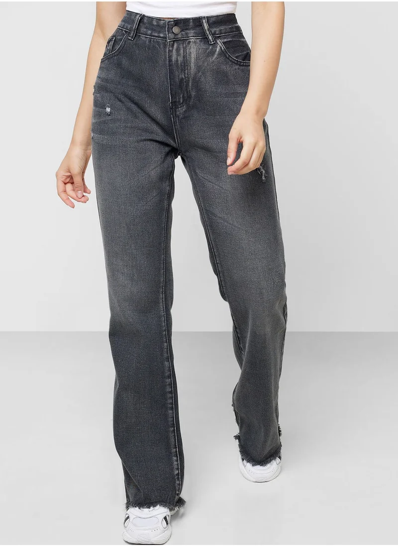 Ginger Straight Fit Washed Denim with Raw Hem