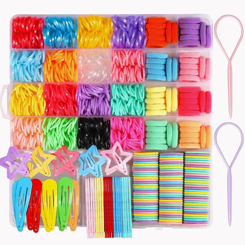 YGDZ Toddler Hair Accessories Set 1000PCS Colorful Hair Accessories Set for Little Girls Xmas Hair Stuff for Girls Elastic Baby Hair Ties Kit with Hair Clips