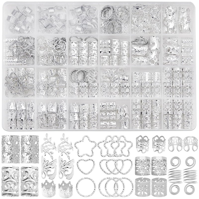 Fscwlmon 260 Pcs Hair Jewelry for Braids,Hair Beads Accessories for Dreadlock,Metal Hair Clips Cuffs Rings,Loc Rave Hair Charm Decorations Adjustable Kits for Men Women Silvery - Image 1