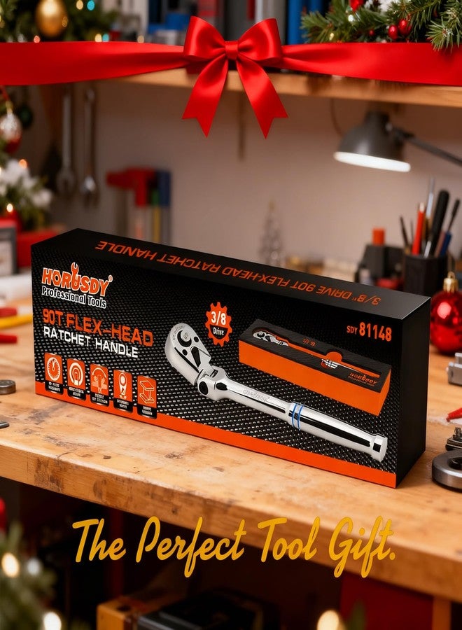 HORUSDY 3/8" Drive 90-Tooth Flex Head Ratchet Handle, 180° Adjustable CR-V Ratchet with Quick Release & Reversible Switch, 4° Swing Arc Socket Wrench for Automotive, Bike & DIY Repair - Image 2