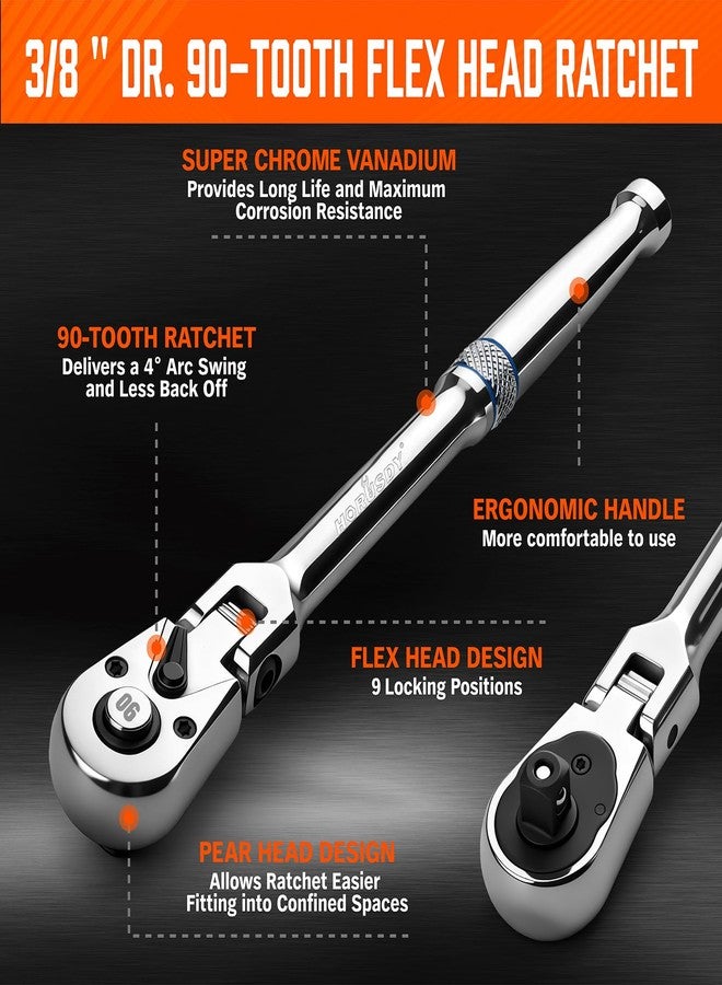 HORUSDY 3/8" Drive 90-Tooth Flex Head Ratchet Handle, 180° Adjustable CR-V Ratchet with Quick Release & Reversible Switch, 4° Swing Arc Socket Wrench for Automotive, Bike & DIY Repair - Image 5