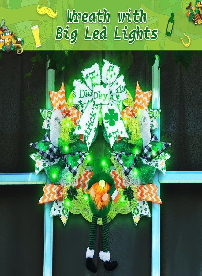 Kenburg Pre-Lit St. Patrick's Day Wreath Decorations, 23'' Gnome Wreath for Front Door, Green Large Garland with Bows & Shamrock, Spring Irish St Patricks Day Decor for Wall Home Indoor Outdoor - Image 5