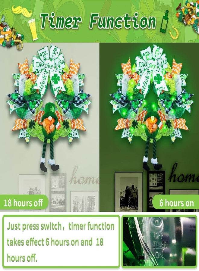 Kenburg Pre-Lit St. Patrick's Day Wreath Decorations, 23'' Gnome Wreath for Front Door, Green Large Garland with Bows & Shamrock, Spring Irish St Patricks Day Decor for Wall Home Indoor Outdoor - Image 3