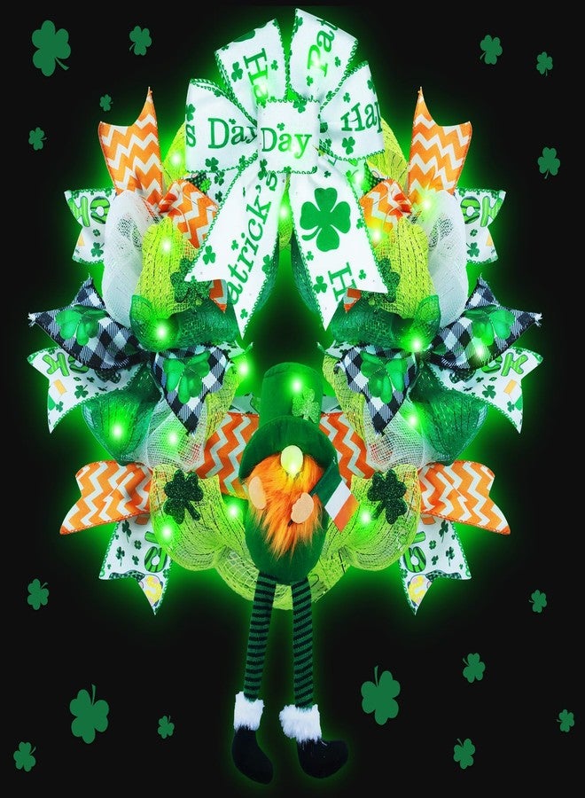 Kenburg Pre-Lit St. Patrick's Day Wreath Decorations, 23'' Gnome Wreath for Front Door, Green Large Garland with Bows & Shamrock, Spring Irish St Patricks Day Decor for Wall Home Indoor Outdoor - Image 1