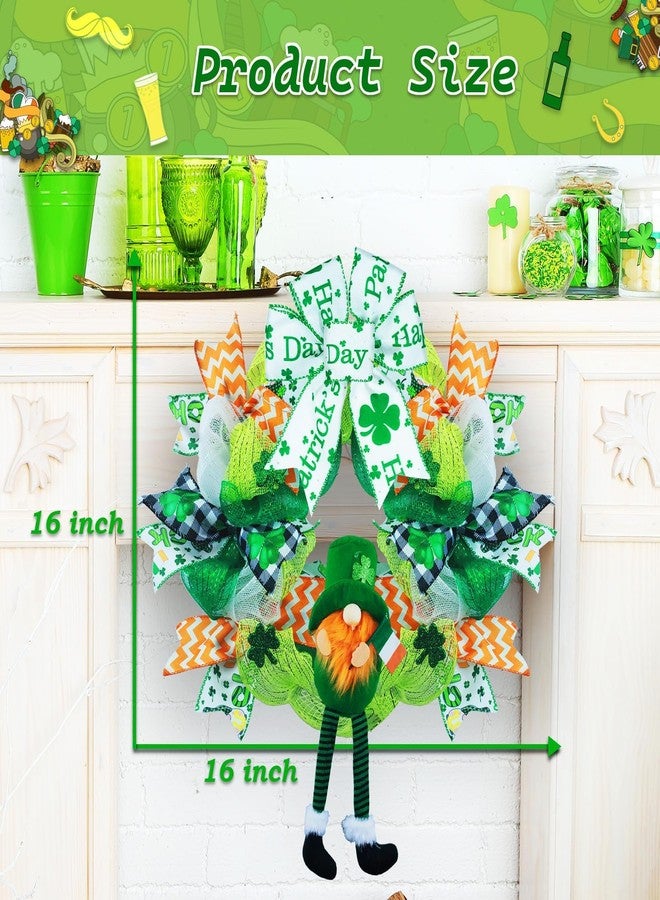 Kenburg Pre-Lit St. Patrick's Day Wreath Decorations, 23'' Gnome Wreath for Front Door, Green Large Garland with Bows & Shamrock, Spring Irish St Patricks Day Decor for Wall Home Indoor Outdoor - Image 2