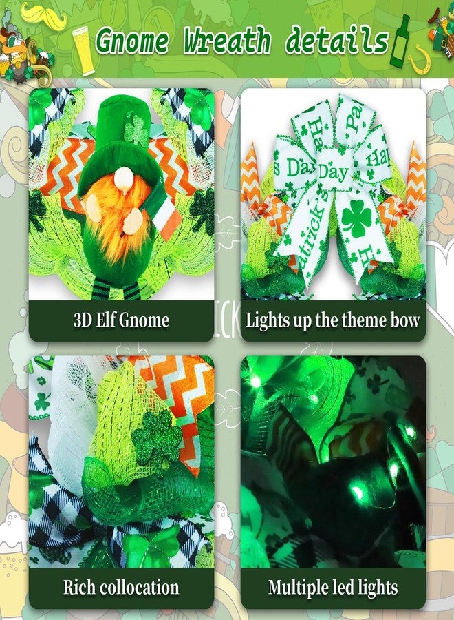 Kenburg Pre-Lit St. Patrick's Day Wreath Decorations, 23'' Gnome Wreath for Front Door, Green Large Garland with Bows & Shamrock, Spring Irish St Patricks Day Decor for Wall Home Indoor Outdoor - Image 4