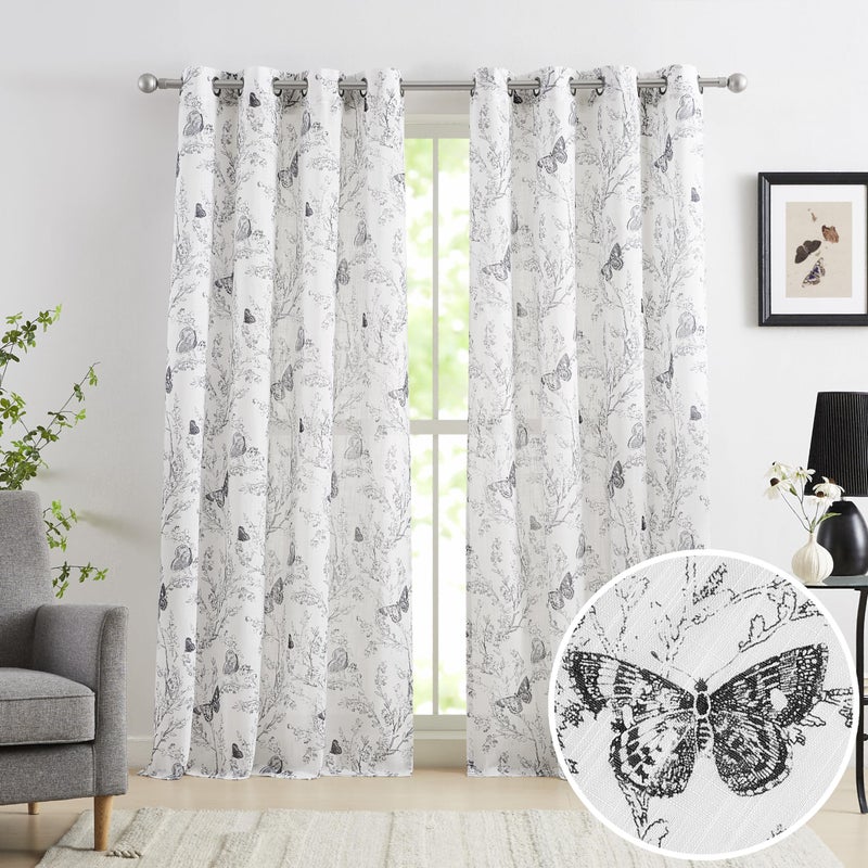 Jubilantex Jubilantex Butterfly Leaf Semi Sheer Curtains 63 L Curtain Panels for Kids BedroomBlack Print on White Light Filtering DrapesGrommet Top2 Panels 