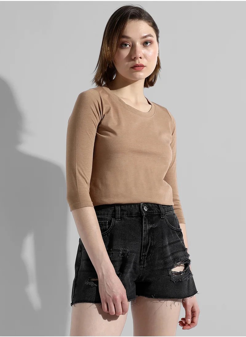 Campus Sutra Women's Solid Beige Regular Fit Top